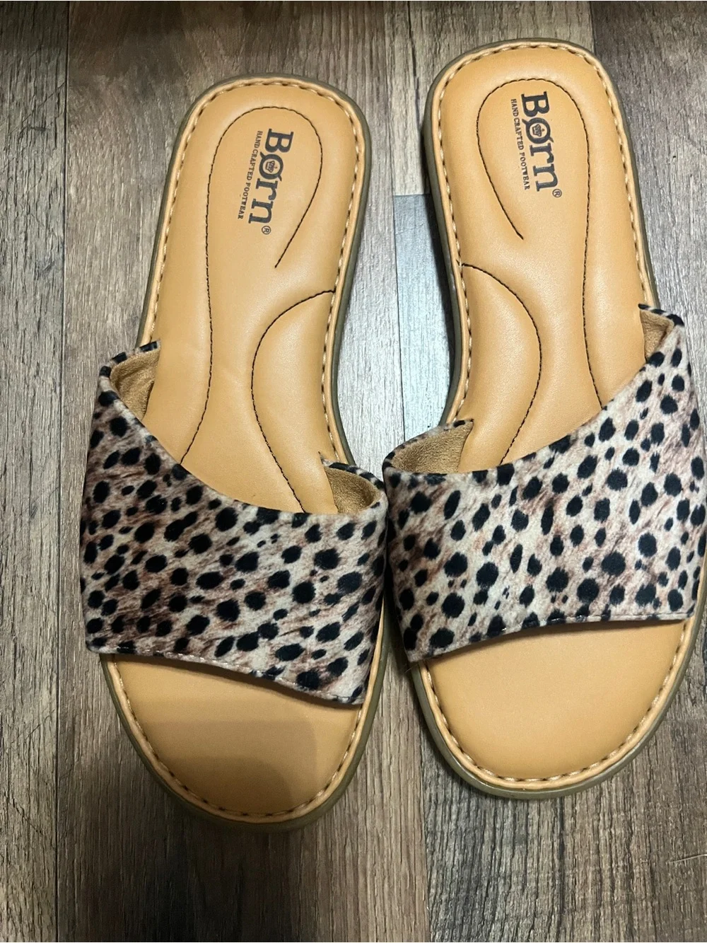 Born Leopard-Print Slide Sandals in Tan and Black